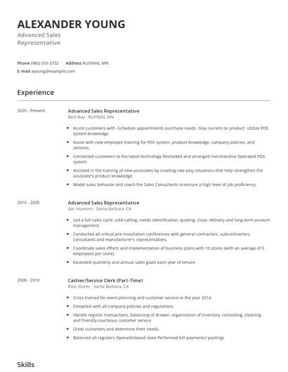 Advanced Sales Representative Resume
