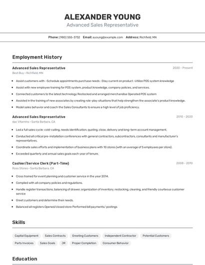 Advanced Sales Representative Resume