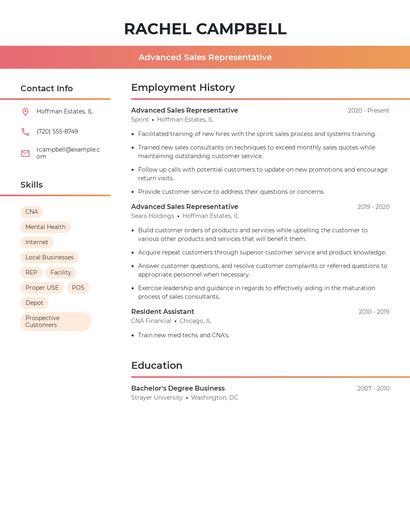 Advanced Sales Representative Resume