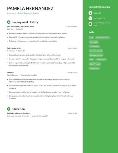Advanced Sales Representative Resume