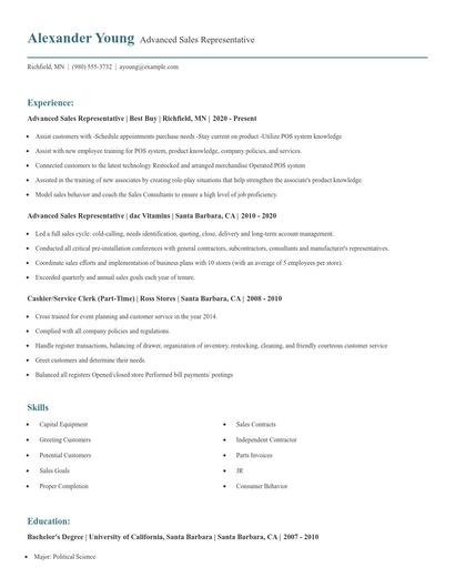 Advanced Sales Representative Resume