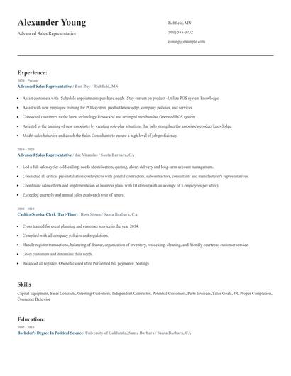 Advanced Sales Representative Resume