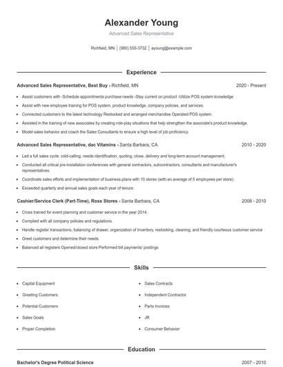 Advanced Sales Representative Resume