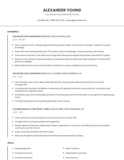 Advanced Sales Representative Resume