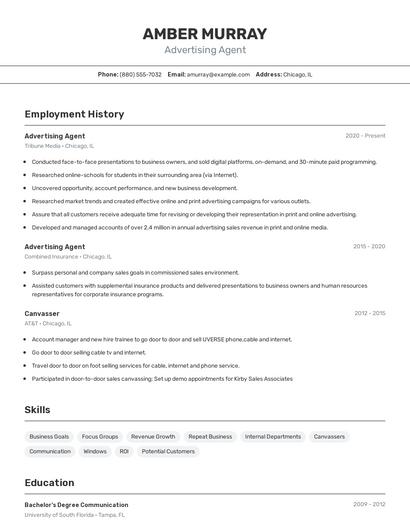 Advertising Agent Resume