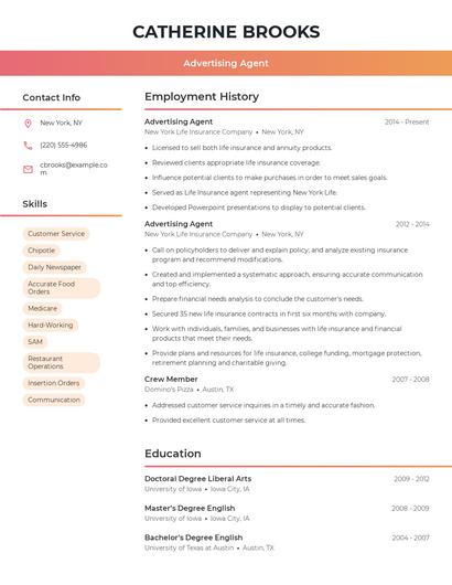 Advertising Agent Resume