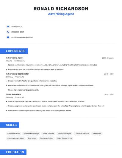 Advertising Agent Resume