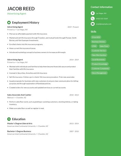 Advertising Agent Resume