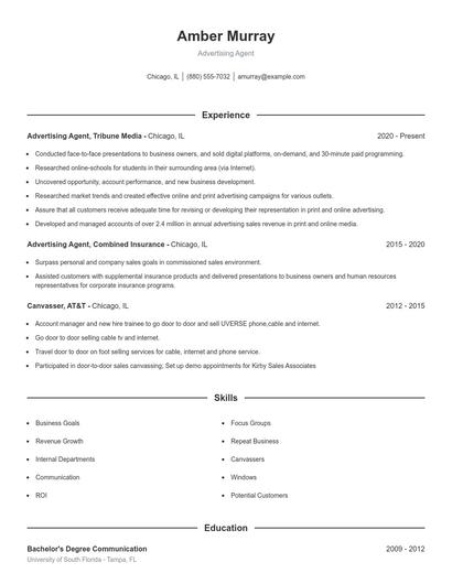 Advertising Agent Resume