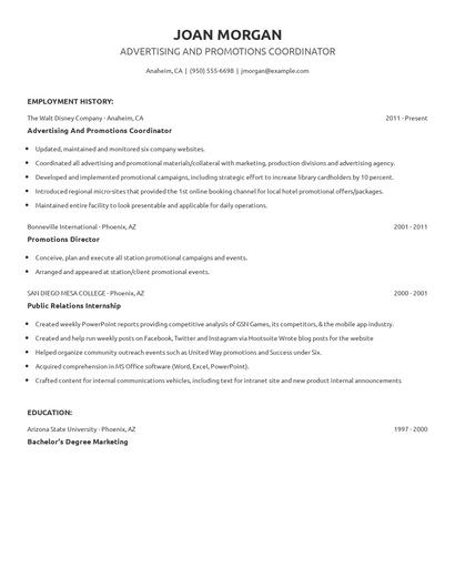 Advertising And Promotions Coordinator Resume