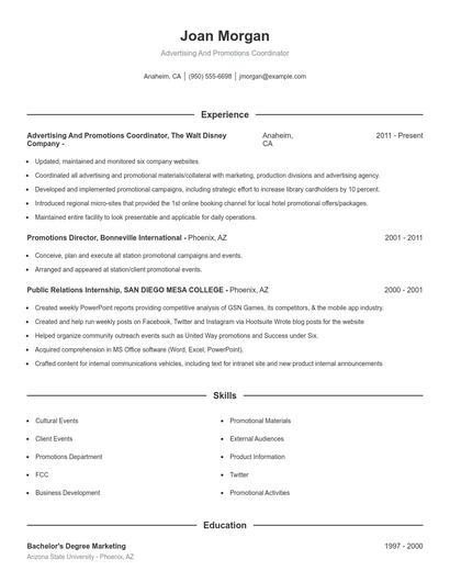 Advertising And Promotions Coordinator Resume