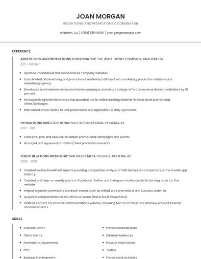 Advertising And Promotions Coordinator Resume
