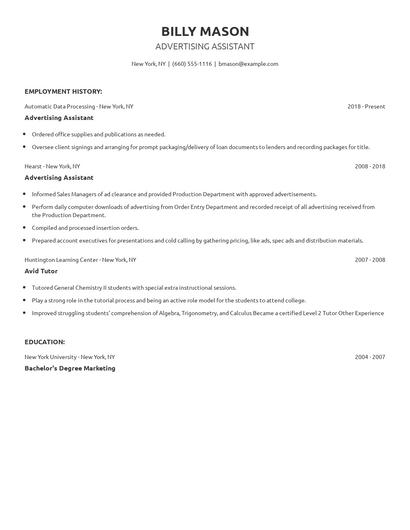 Advertising Assistant Resume