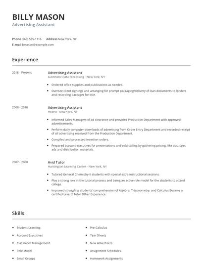 Advertising Assistant Resume