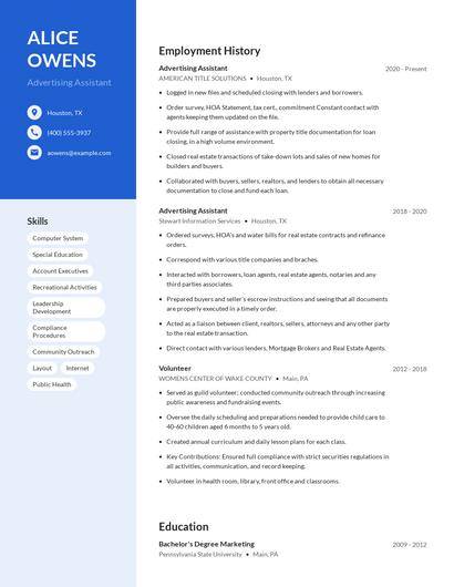 Advertising Assistant Resume