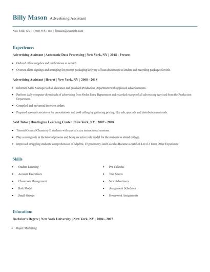 Advertising Assistant Resume