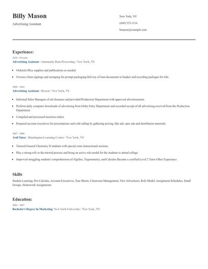 Advertising Assistant Resume