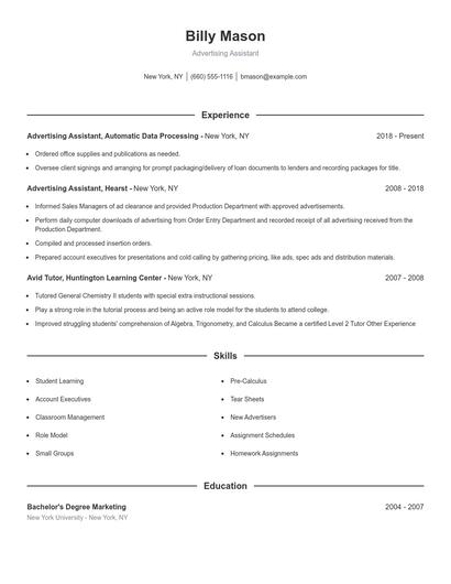 Advertising Assistant Resume