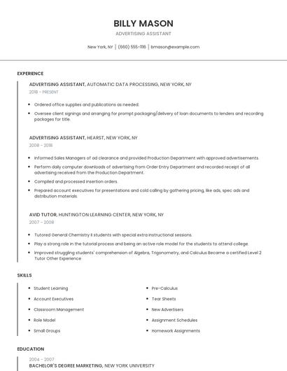 Advertising Assistant Resume