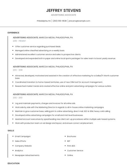 Advertising Associate Resume