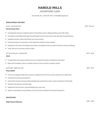 Advertising Clerk Resume