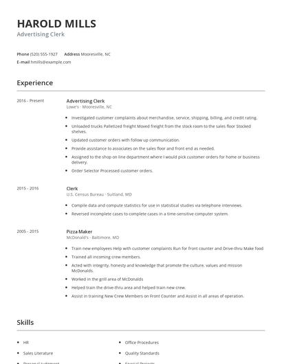 Advertising Clerk Resume