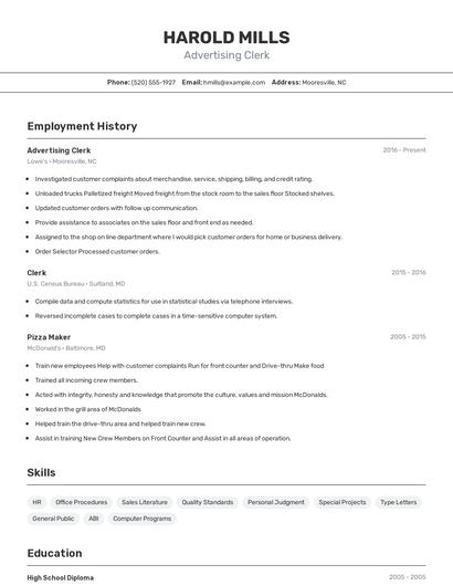 Advertising Clerk Resume