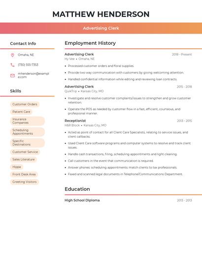 Advertising Clerk Resume
