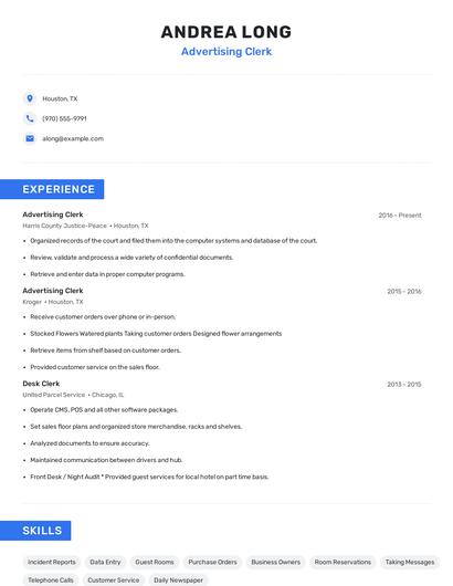 Advertising Clerk Resume
