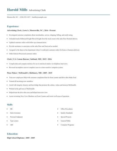 Advertising Clerk Resume