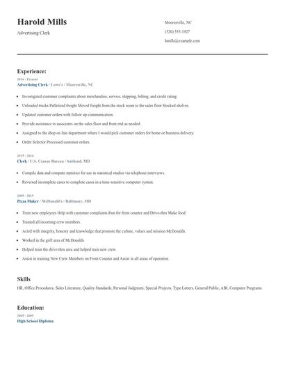 Advertising Clerk Resume