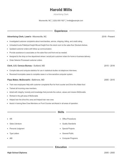 Advertising Clerk Resume