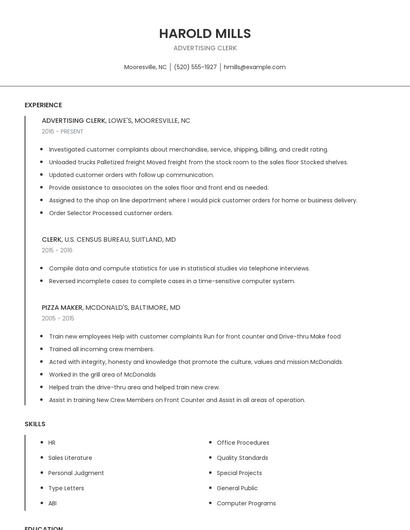 Advertising Clerk Resume