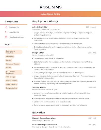 Advertising Editor Resume