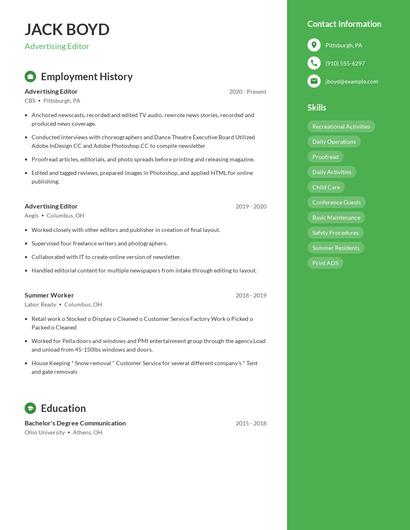 Advertising Editor Resume