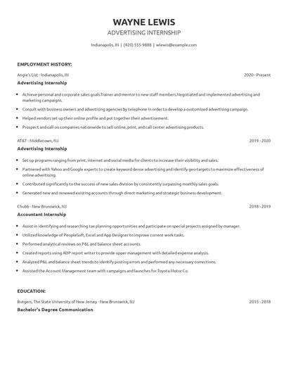 Advertising Internship Resume
