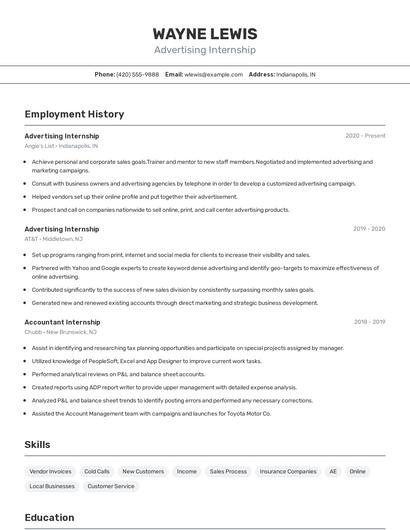 Advertising Internship Resume