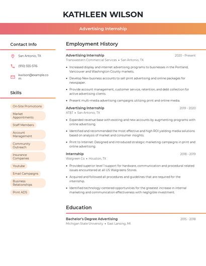 Advertising Internship Resume