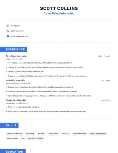 Advertising Internship Resume
