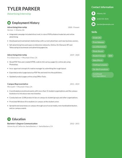Advertising Internship Resume
