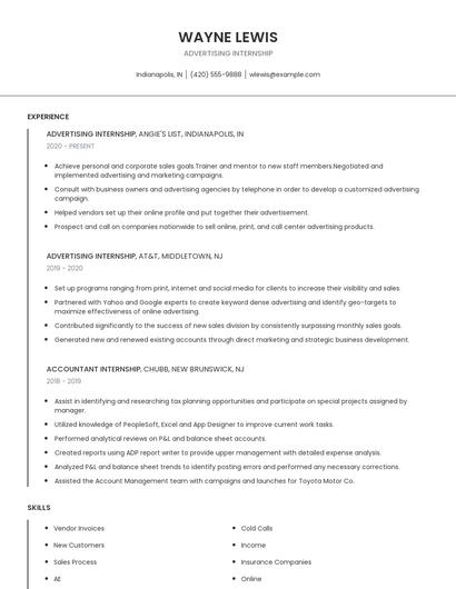 Advertising Internship Resume