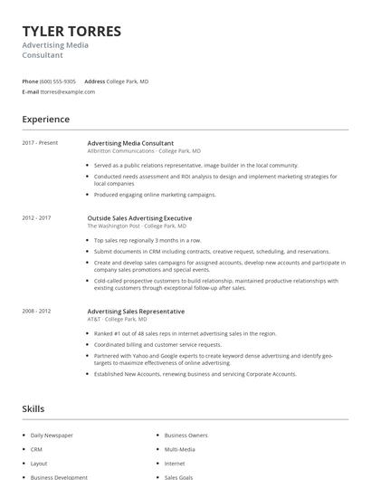 Advertising Media Consultant Resume