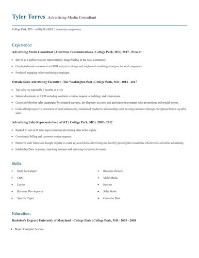 Advertising Media Consultant Resume