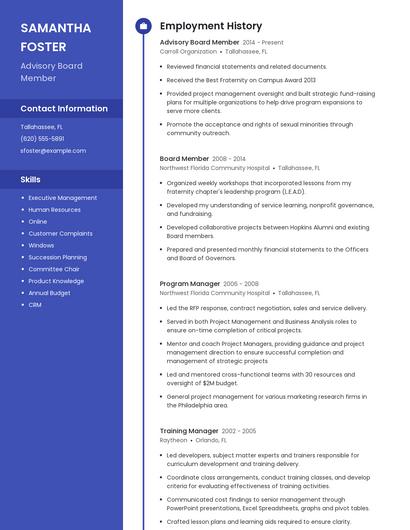 Advisory Board Member Resume