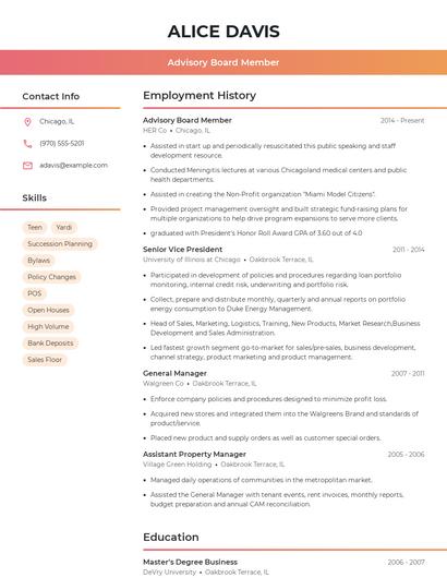 Advisory Board Member Resume
