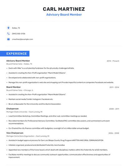 Advisory Board Member Resume