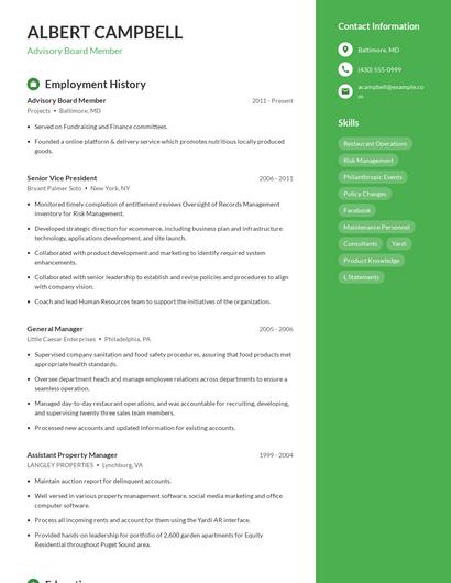 Advisory Board Member Resume