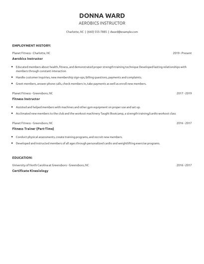 Aerobics Instructor Resume