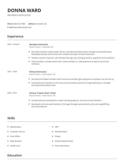 Aerobics Instructor Resume