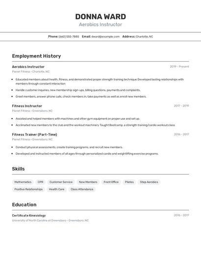 Aerobics Instructor Resume